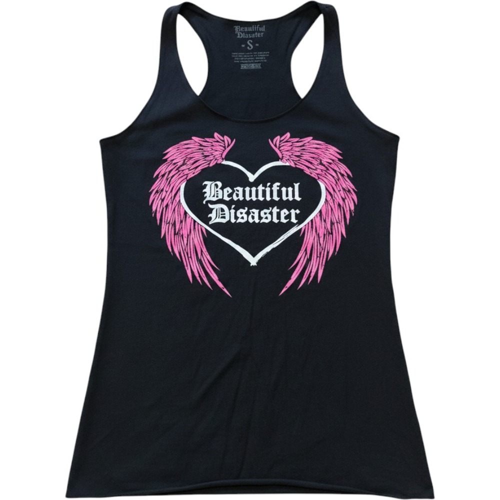 Beautiful Disaster Black Winged Heart Quote Racerback Tank Top Small USA Made